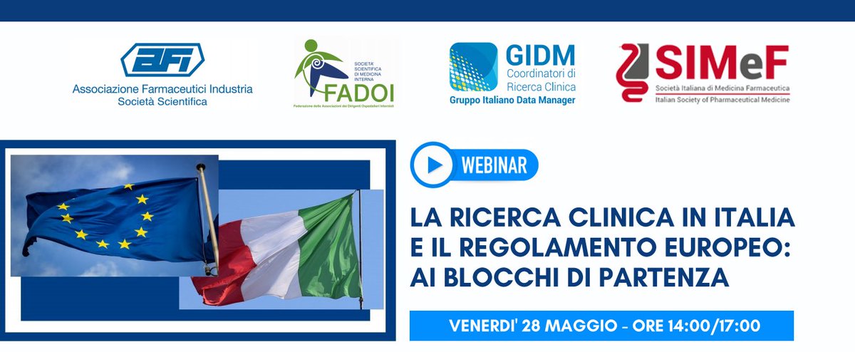 afiscientifica's tweet photo. AFI, @FADOIOfficial,  @GIDMCRC  e SIMeF organizzano il webinar “LA RICERCA CLINICA IN ITALIA E IL REGOLAMENTO EUROPEO: AI BLOCCHI DI PARTENZA”, che si terrà venerdì 28 maggio alle ore 14:00.
Link: https://t.co/EDWCzR141r
#ricercaclinica #ricercaclinicaitalia #sperimentazione https://t.co/qdyxbTbhsw