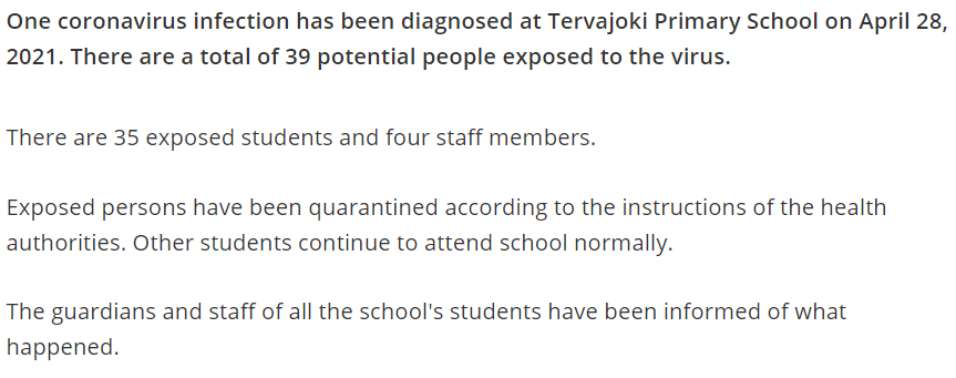 Finland: Some recent examples of school or daycare exposures and quarantines.