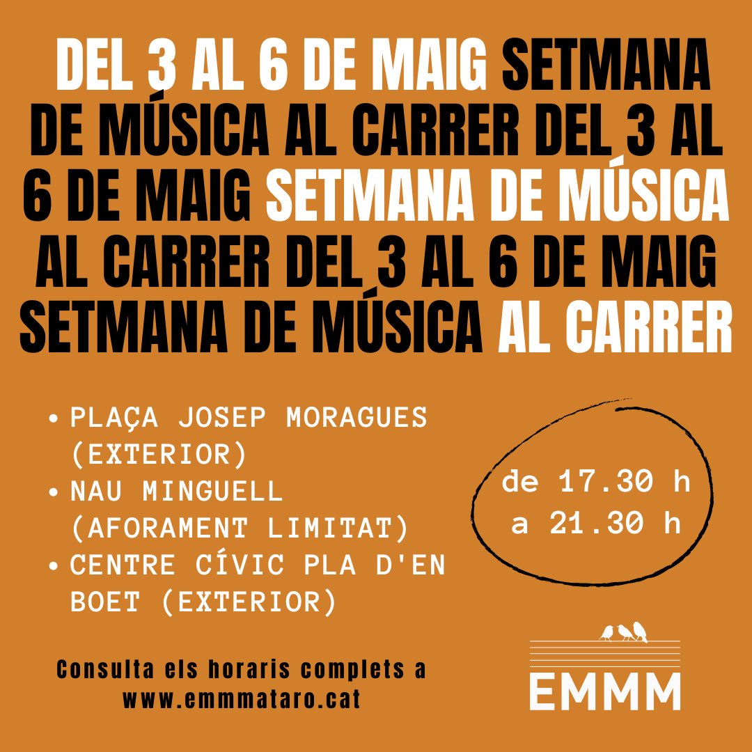 EMMMataro's tweet photo. Després de mooooolts mesos l’Escola torna al carrer 🎉
Durant tota aquesta setmana ens podreu trobar fent una mostra amb alguns conjunts de l’EMMM 🌞
👉🏽 Podeu consultar els horaris complets a https://t.co/BDK5ZxIEi8
#emmmataró #viulamúsica #alcarrer #concerts #conjunts #cambres https://t.co/JxDUOqSQa3