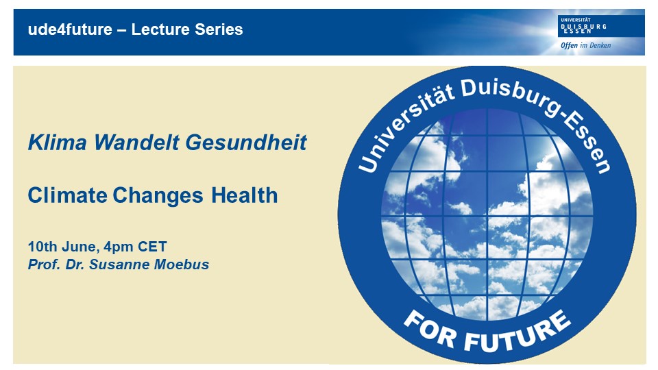📅10th June 📍ZOOM
We are pleased with the lecture series of #ude4future @unidue 
'#ClimateCrisis and the #RuhrArea - #understanding and #acting on #climateChange'

This Thursday JUS speaker Prof. Dr. Susanne Moebus:
Climate Changes Health

👉uni-due.zoom.us/webinar/regist…