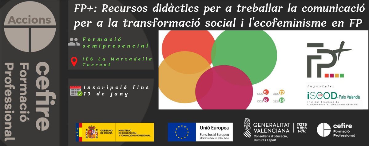 CEFIRE_FP_ERE's tweet photo. Formació per a professorat d’FP de Serveis Socioculturals i a la Comunitat, Imatge i So, Seguretat, Medi Ambient.

🗓️ 12 al 30 de juliol
⏳ 30 hores.
💻Semipresencial
✍️ fins 13 de juny
🔗 https://t.co/sdS0X0BOc6

@GVA_Cefire @CefireFP_EAE  @ISCOD_UGT_PV https://t.co/cnKkcXw6qK