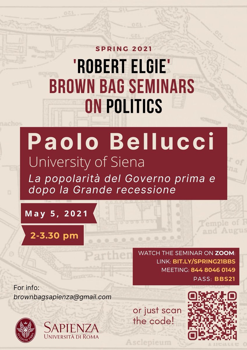 'Robert Elgie' Brown Bag Seminars Sapienza (@bagsapienza) on Twitter photo 🔜 Next Wednesday, May 5, 2 to 3.30 pm, Paolo Bellucci (<a href="/unisiena/">Università di Siena</a>) will present his research on La popolarità del Governo prima e dopo la Grande recessione
⌛ 45' presentation
💬 45' Q&A
<a href="/ECPR/">European Consortium for Political Research</a> <a href="/APSAtweets/">APSA</a> <a href="/ipsa_aisp/">IPSA</a> <a href="/PoliSciRes/">Political Science Research</a> <a href="/sisp__/">Società Italiana di Scienza Politica</a>
<a href="/SapienzaRoma/">Sapienza Università di Roma</a> <a href="/LapsUnisi/">LAPS</a> #polisci 🔜 Next Wednesday, May 5, 2 to 3.30 pm, Paolo Bellucci (<a href="/unisiena/">Università di Siena</a>) will present his research on La popolarità del Governo prima e dopo la Grande recessione
⌛ 45' presentation
💬 45' Q&A
<a href="/ECPR/">European Consortium for Political Research</a> <a href="/APSAtweets/">APSA</a> <a href="/ipsa_aisp/">IPSA</a> <a href="/PoliSciRes/">Political Science Research</a> <a href="/sisp__/">Società Italiana di Scienza Politica</a>
<a href="/SapienzaRoma/">Sapienza Università di Roma</a> <a href="/LapsUnisi/">LAPS</a> #polisci