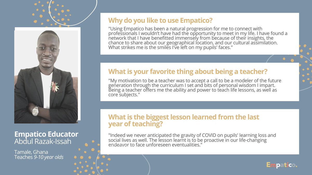 EmpaticoOrg's tweet photo. It’s #TeacherAppreciationWeek! This week, we’re full of gratitude for all that educators around the world do for their classrooms and communities. Today, we're recognizing Empatico educator @ISSAHABDULRAZA5 for the joy he brings to his students ✨ https://t.co/n2wlMxoDsx
