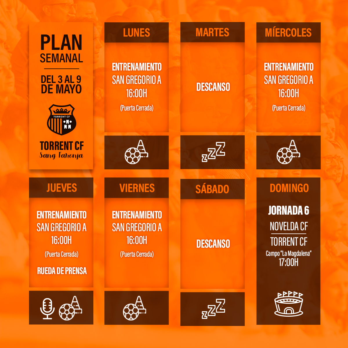 tcf_oficial's tweet photo. Arrancamos la semana de unos de los meses más importantes de la historia del Torrent C.F., nos lo jugamos todo en 4 finales y es el momento de que el equipo note el empuje y el apoyo de la afición. #VamosTorrent #SangTaronja 🔥🧡 https://t.co/OOTaJABJlR