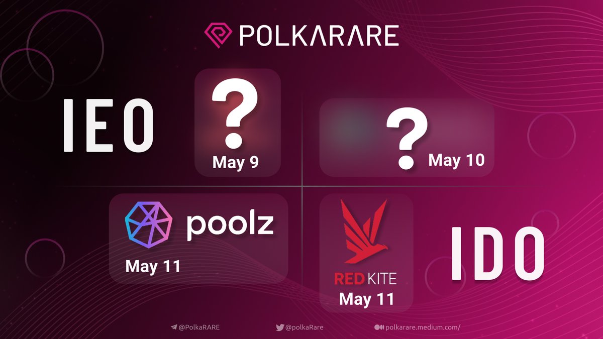 PolkaRare's tweet image. 🚀 Buckle up as the most awaited PolkaRARE Public Sale is coming live on the 4 most prominent blockchain platforms.

💥 #IDO Platforms: POOLZ &amp;amp; RED KITE

Whitelisting details : polkarare.medium.com/polkarare-publ…

Can you guess our #IEO platforms? Tell us in the comment box below.