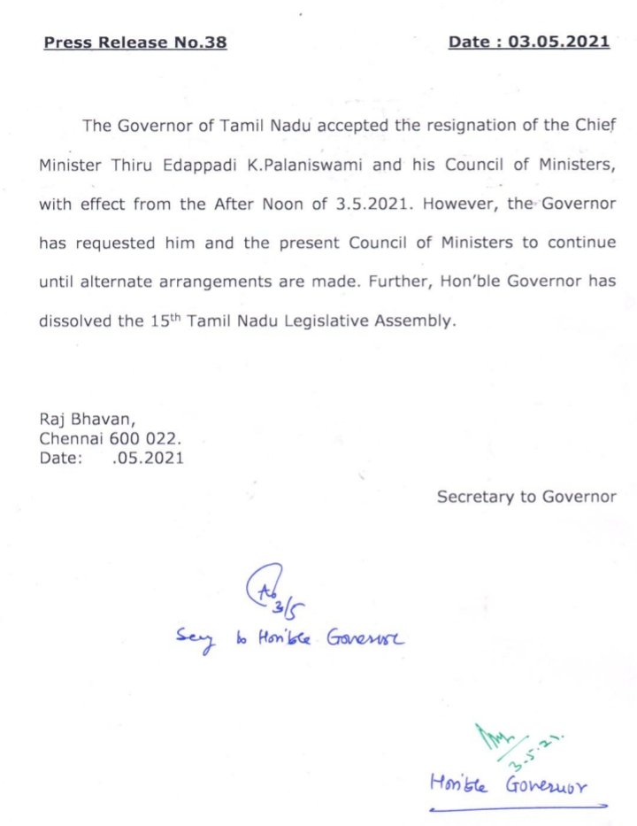mahajournalist's tweet image. #BreakingNews  எடப்பாடி பழனிசாமியின் ராஜினாமா ஆளுநர் ஏற்பு - அடுத்த அரசு அமையும் வரை காபந்து அரசாக தொடருமாறு ஆளுநர் வேண்டுகோள். #TNElectionResults #AssemblyElections2021