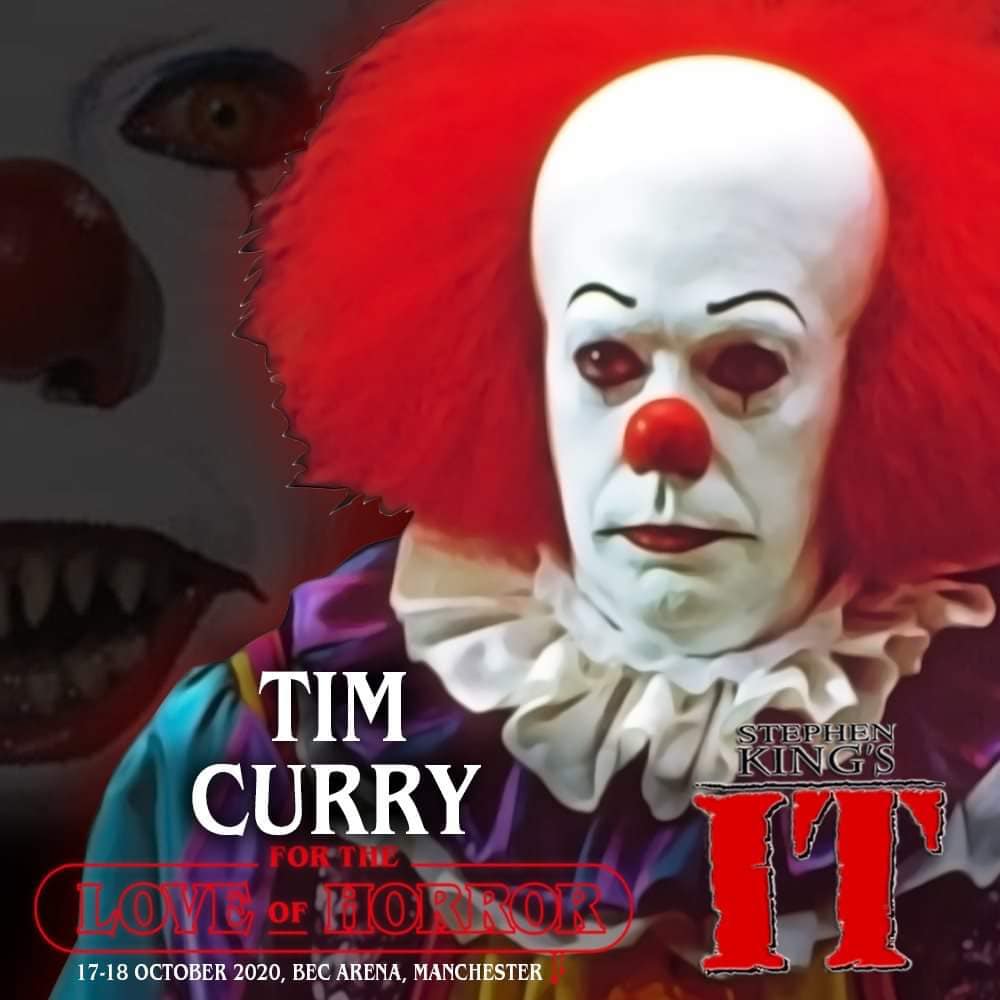 DanDevoured's tweet photo. Oh!!! look who is coming to #FortheloveofHorror, the evil clown himself #TimCurry aka #IT - from the amazing #StephenKing #HorrorMovie / #HorrorFilm - Who is brave enough to meet him... because you know they all float down there!!! https://t.co/cApFLXXOgm