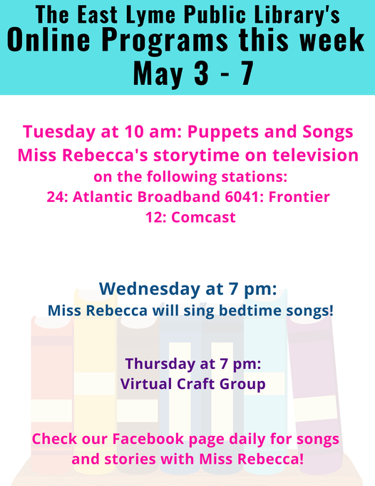 EastLymeLibrary's tweet photo. What's going on this week? Check out these virtual programs for kids and crafters! For more information visit our Facebook page https://t.co/nbsL5M0mm7 https://t.co/fXeB6I7FTL