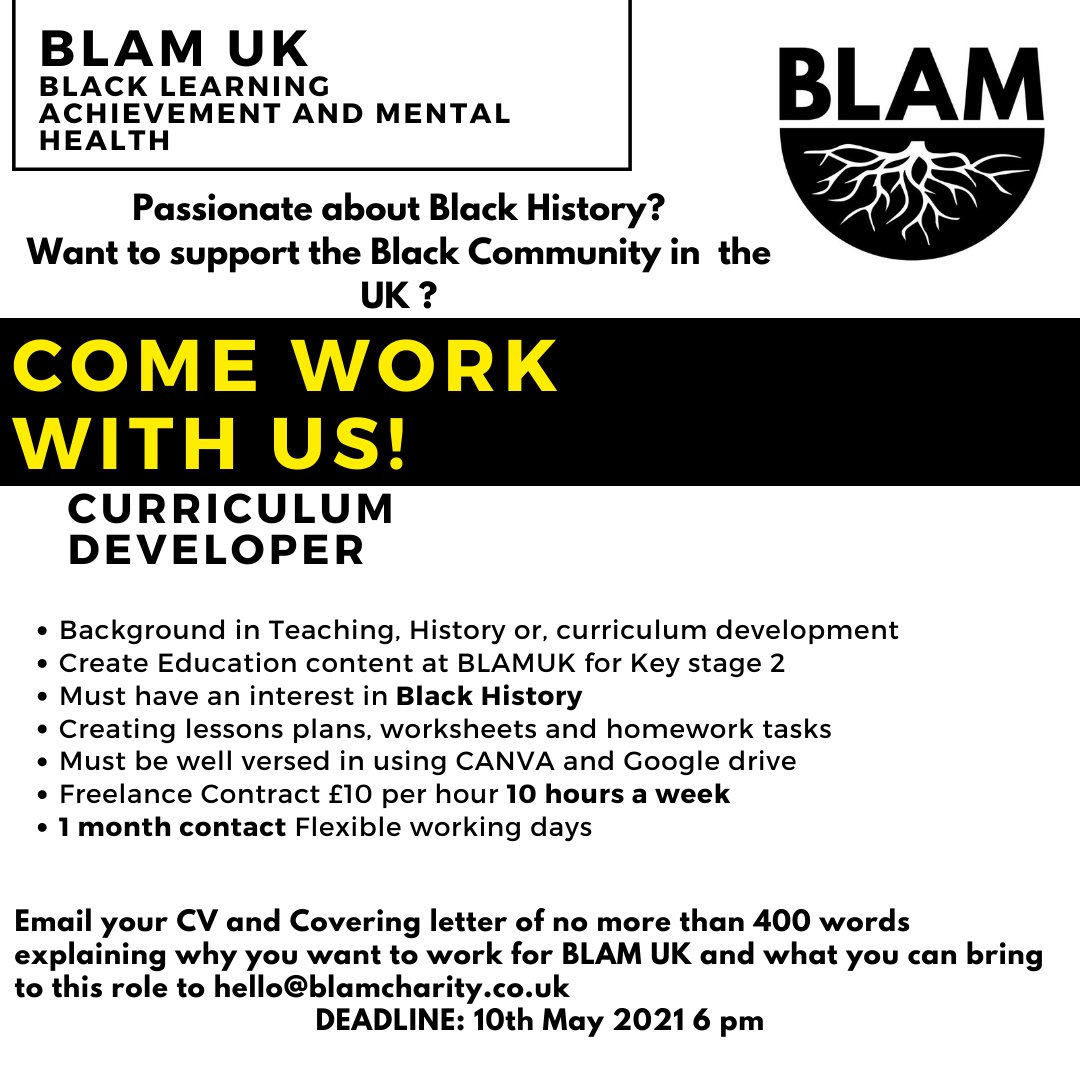 blam uk pa twitter we are hiring a youth project worker and a curriculum developer to support us on our black history in school projects interested in teaching ks2 ks3