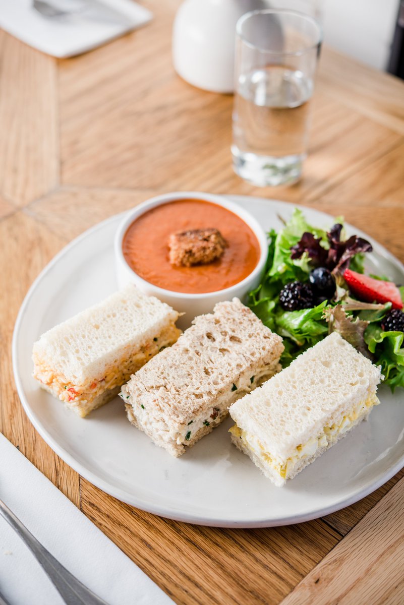 magnoliatable's tweet photo. When you can’t decide which sandwich to try, opt for all three! Our Tea Sampler has pimiento cheese, chicken salad, and egg salad, plus fresh greens and soup on the side. #MagnoliaTable https://t.co/YBQnjktyiG
