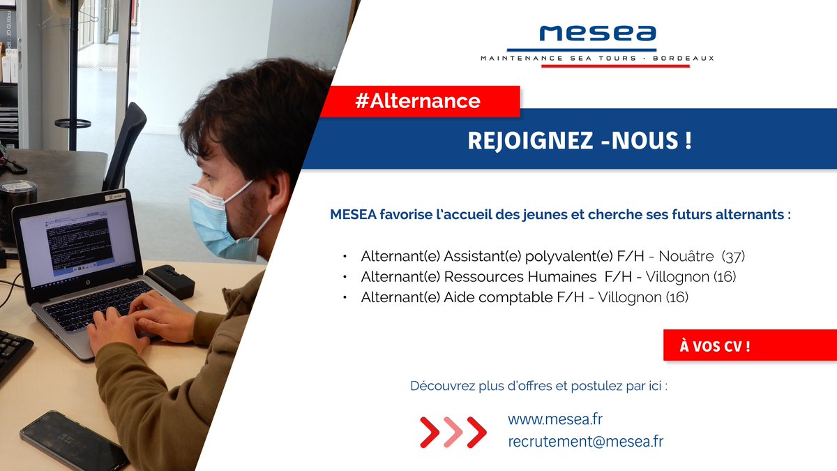 Vous êtes à la recherche d'un contrat en #alternance ? Nous recherchons des profils dans les domaines : Comptabilité, Ressources Humaines, SQE, Génie Civil, Télécoms. Retrouvez toutes nos offres ici : mesea.fr/carrieres/
<a href="/jbdelrue/">Jean-Bruno DELRUE</a> <a href="/LGVSEA_LISEA/">LISEA</a> @SYSTRA_LTD <a href="/VINCIConcess/">VINCI Concessions</a>