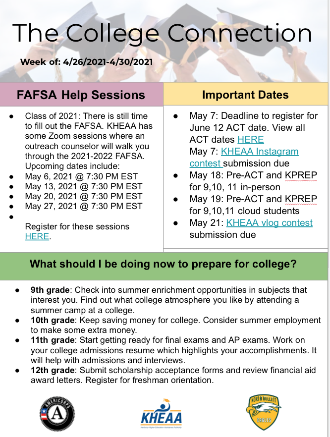 NBHS_KCC's tweet photo. 🦅Weekly College Connection Newsletter🦅

View interactive digital newsletter with clickable links: 👇
https://t.co/SHdXTvXQII

FAFSA Help Webinar Registration: 👇
https://t.co/27Dgq8ZkaL

#KYGoesToCollege https://t.co/P4chHfB9P2
