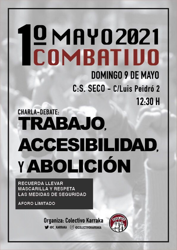 Compañeras os esperamos este domingo 9 de mayo en nuestra charla/debate con motivo del 1° de mayo combativo.

A las 12:30h en c/ Luis Peidró, 2. Metro puente de Vallecas, Pacifico.

⚠️ Hasta completar aforo!