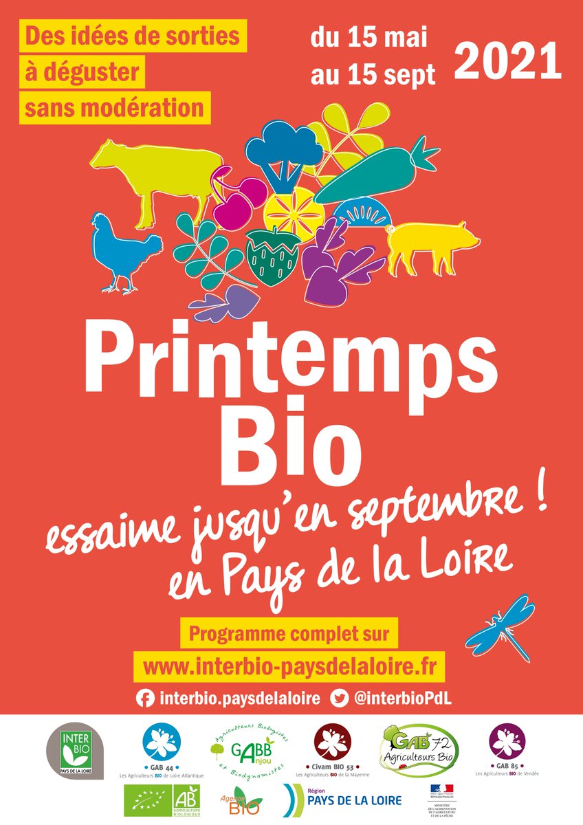 Envies de sorties, de nature? les professionnels Bio vous invitent du 15/5 au 15/9 pour fêter le #Printempsbio des #paysdelaloire  Fermes, entreprises ouverts, marchés, balades vélo, ateliers cuisine,... à découvrir pour se faire du bien 😃
programme sur interbio-paysdelaloire.fr/le-printemps-b…