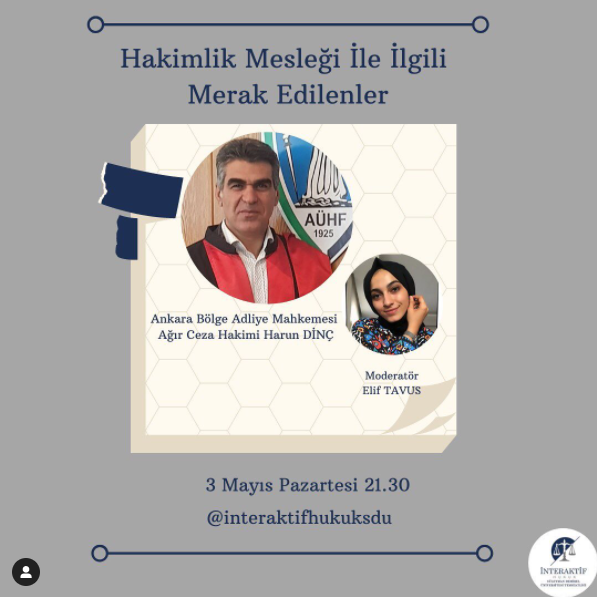 Tür: Canlı Yayın

Konu: Hakimlik Mesleği İle İlgili Merak Edilenler

Düzenleyen: <a href="/InteraktifSdu32/">İnteraktif Hukuk SDÜ</a> 

Konuşmacı: Harun Dinç

Tarih: 03.05.2021

Saat: 21.30

Katılım: hukuktakvimin.com/etkinlikler/ha…
#hukuktakvimin #hakimlik #meslek #hukuk