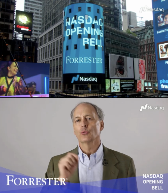 jmcbain's tweet photo. Not often does a 37 year old company ring the opening bell on @Nasdaq - exciting day for @Forrester as we kick off #B2BSummit and announce new portfolio "Forrester Decisions". One more brag - we tied with @Apple and @salesforce on Glassdoor's Best Places to Work in 2021 as well! https://t.co/XjRd4UChdm