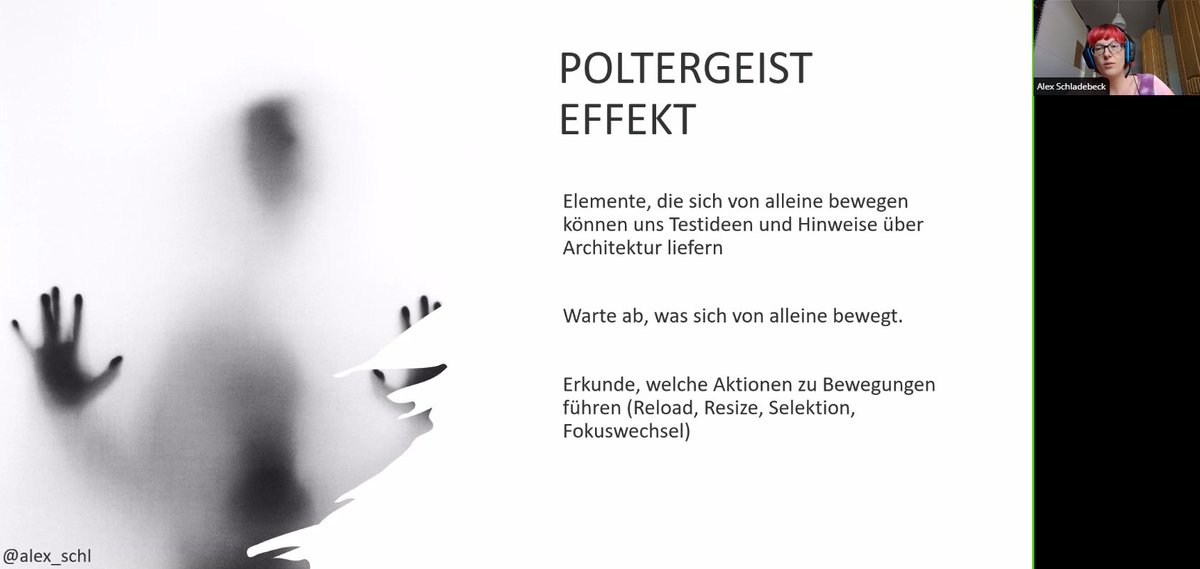 thomrinke's tweet image. Ich finde es immer wieder cool, in jeder neuen Version des Vortrags neue Mikroheuristiken von @alex_schl erklärt zu bekommen. Dieses Mal neu: Der Poltergeist-Effekt. 👻
#GermanTesting
