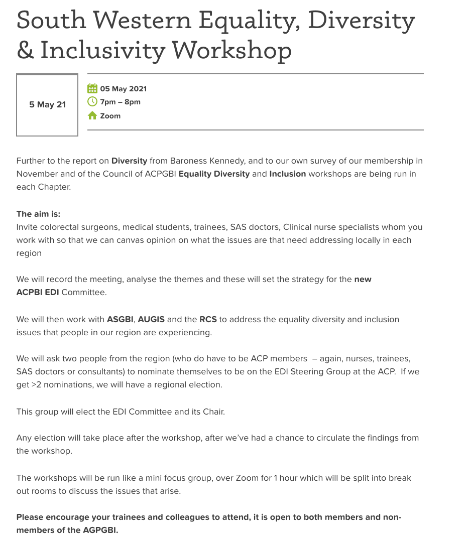 Calling Colorectal surgeons, trainees, clinical nurse specialists and med students Less than 48 hours until SW Chapter Meeting on Equality Diversity and Inclusivity Please consider registering, we want to hear your views eventbrite.co.uk/e/south-wester…