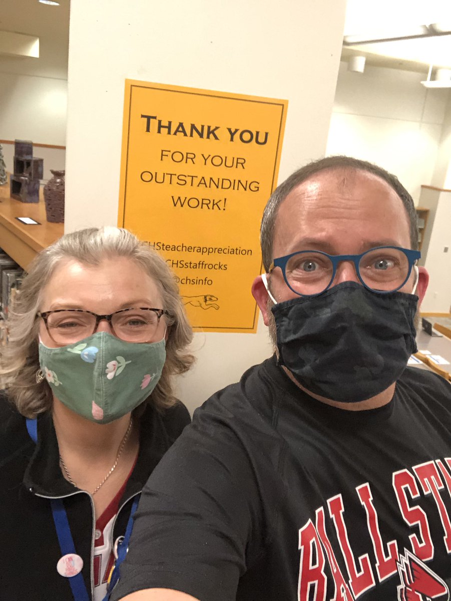 chs_media's tweet photo. Carmel High School librarians Mrs. Ramos and Mr. Love love the opportunity to teach alongside the amazing teachers @chsinfo  #CHSteacherappreciation #CHSstaffrocks And to our alma maters @BallState @IUBloomington for making us teachers ❤️ https://t.co/ji9Wzt6PZw