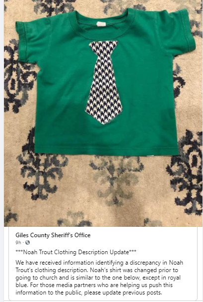 VSPPIO's tweet photo. #Virginia #AmberAlert for Noah Trout, 2, still ACTIVE. #Giles Co. Sheriff's Office released an update: This is the t-shirt he was wearing but in ROYAL BLUE. Plz see below. ☎️Tip Line: 540-696-6013 (You may remain anonymous.) @VaDOTSalem @VaDOTBristol @VDEM @PublicSafetyVa https://t.co/y8qF0QPYmf