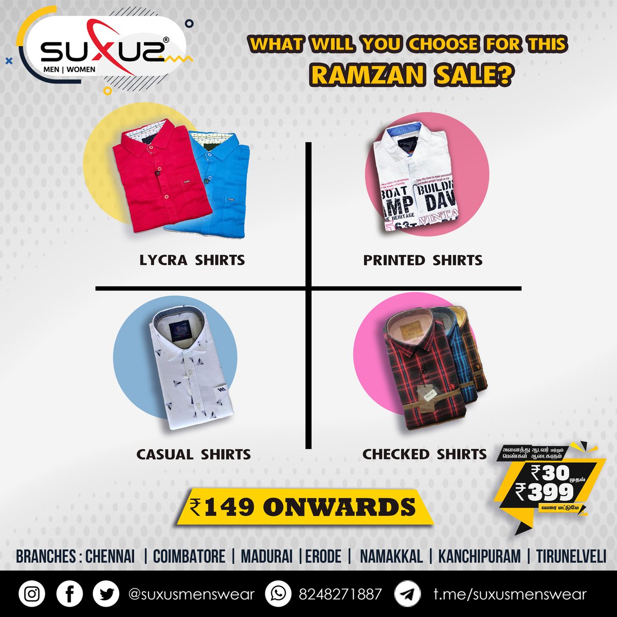 SuxusMens's tweet photo. Fully Loaded With trending Stocks!
All men and women collections from ₹30 to ₹399 only at SUXUS

#suxus #menswear #rs30to399  #lowprice #pants #Casuals #formal #denims #trousers #shirts 
#Chennai #Madurai #Coimbatore #Erode #Namakkal #Kanchipuram #Tirunelveli https://t.co/1U2tRSZRoj