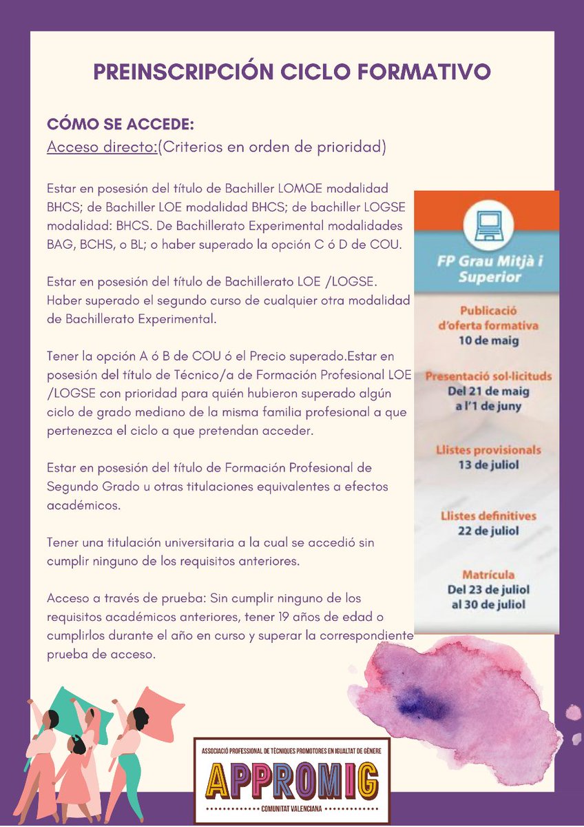 AppromigCV's tweet photo. PREINSCRIPCIÓN CICLO FORMATIVO 
Presentació sol·licituds del 21 de maig a l´1 de juny.
Tota la informació sobre el Cicle a:
https://t.co/b4K6HyqvPr https://t.co/W47yktAMmw