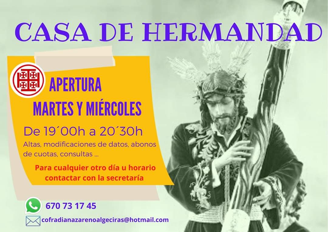 🗣️ #AVISO

⏰  Horario de Apertura de la Casa #Hermandad. 

🟣 Continuamos trabajando por nuestra #Corporación #Nazarena y sus hermanos, a mayor gloria de nuestros amantísimos titulares.