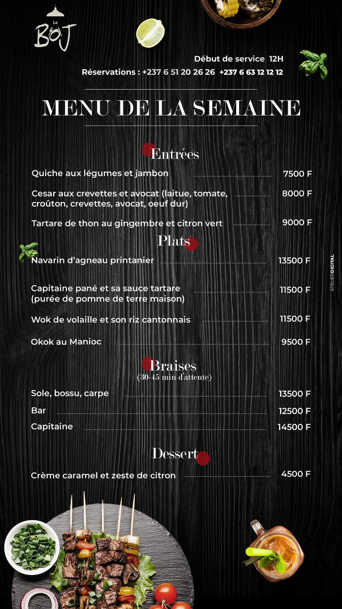 Profitez d'un cadre spacieux et chaleureux pour déguster une sélection de plats à base des produits frais et de qualité! Bon début de semaine et bonne dégustation au Boj! 
#lemenudelasemaine