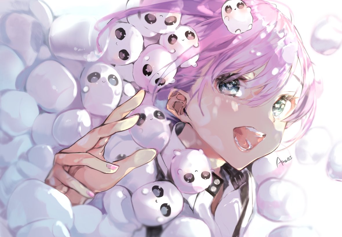 open mouth pink hair 1girl looking at viewer white background solo too many  illustration images