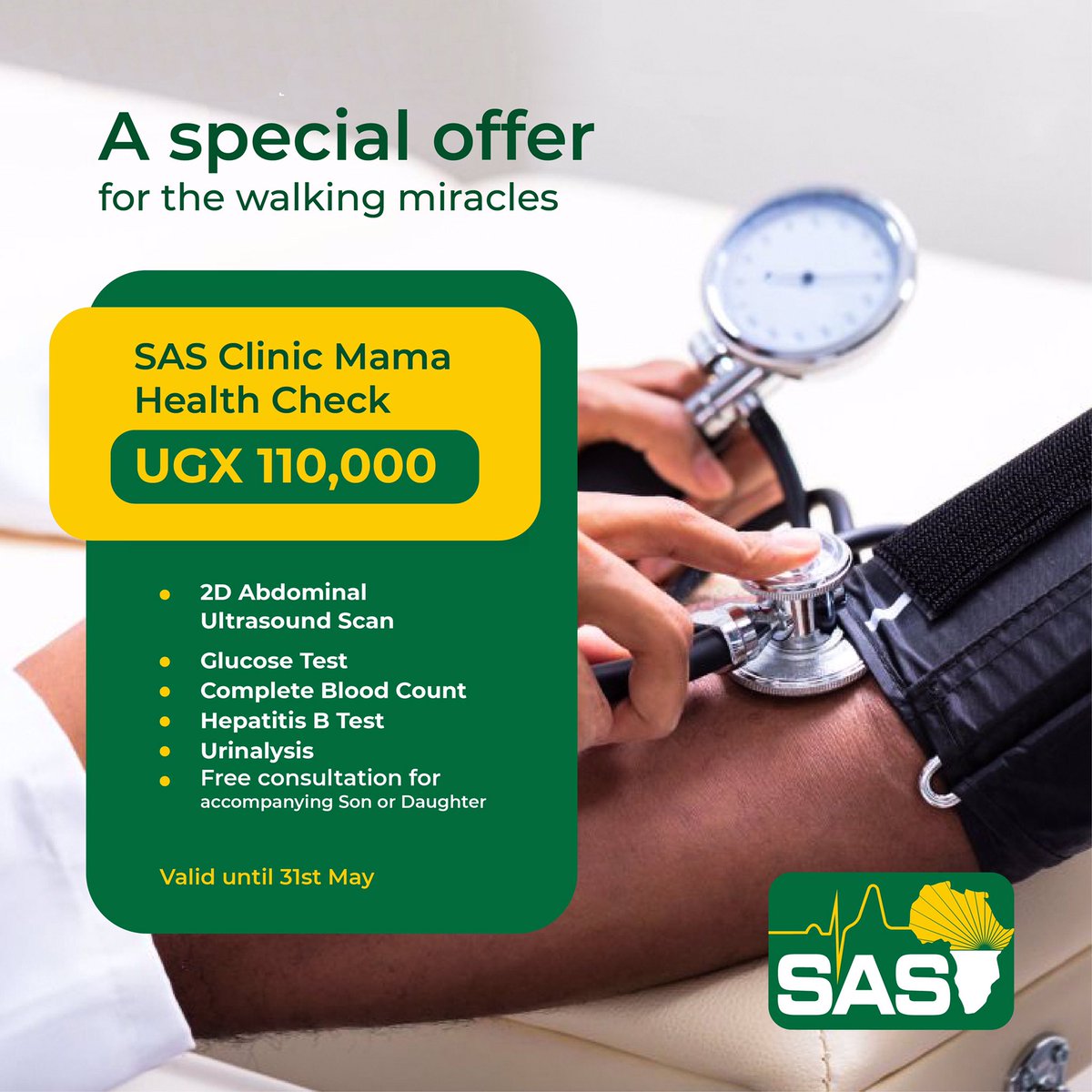 It’s #MothersMonth &amp; we are here for it! We present to you the Special Clinic Mama Health Check!

At only UGX 110,000 you are able to get the following(see poster).

Call us on 0414 345 325 for more inquiries &amp; more information.

#SASClinic #Mothers #MamaOffer #MondayMood