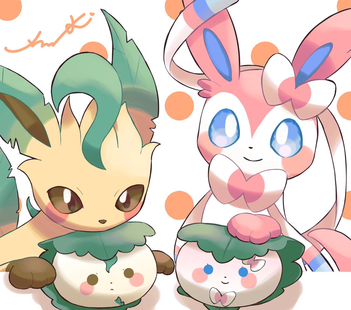 leafeon ,sylveon pokemon (creature) no humans blue eyes smile closed mouth brown eyes polka dot  illustration images