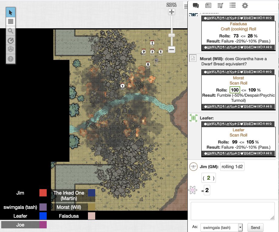 tashmakesstuff's tweet photo. I blame being distracted by Faladusa’s god awful cooking. But if we can’t see ‘ it’ , ‘it’ can’t see us right! Right!!!!! Another fun game with @JimjimTheGrim @storagebod @Joem2go and others #RQG #Glorantha #everhopefull https://t.co/pPb3qWVUY2