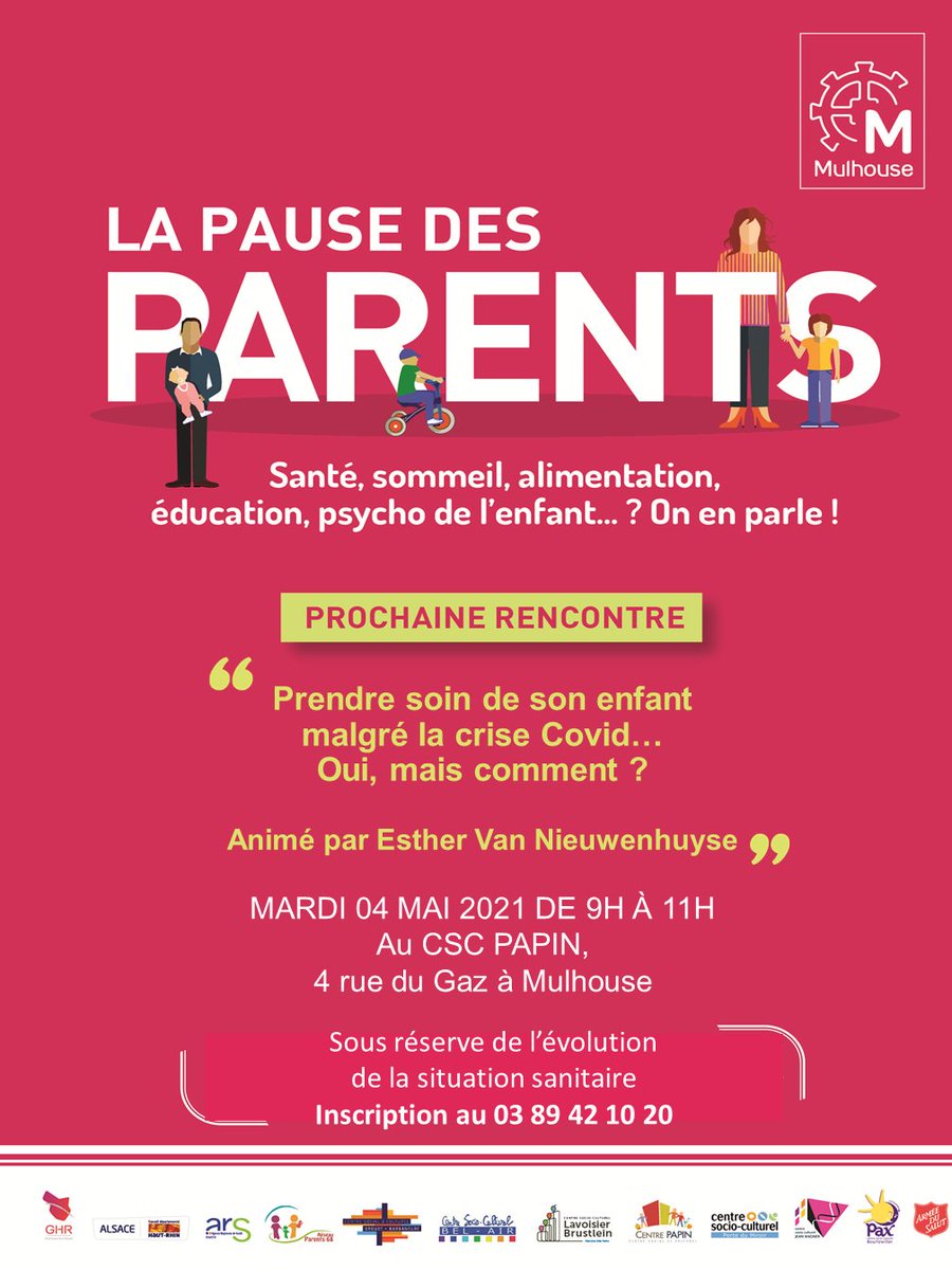 mulhouse's tweet photo. Avec la #PauseDesParents, le réseau Santé de la Ville de #Mulhouse conseille gratuitement les parents sur les questions d'#éducation et de #santé ! 👨‍👩‍👧‍👦❓
💬 Prendre soin de son enfant malgré la crise covid
📆 Mardi 4 mai, de 9h à 11h
📍 Au #CSCPapin https://t.co/K8k7t4FjAY