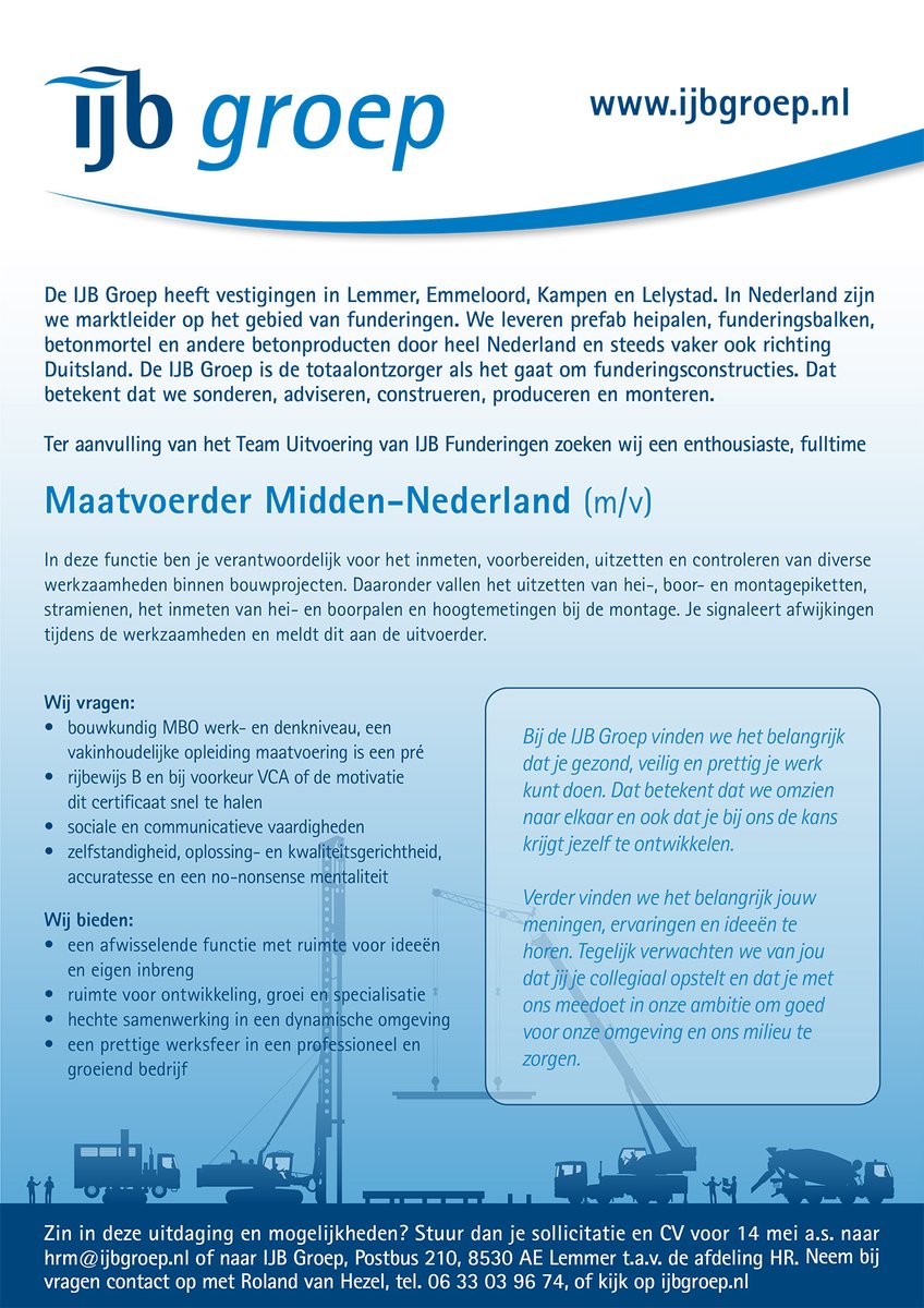 Voor IJB Funderingen Team Uitvoering zoeken we een accurate Maatvoerder voor Midden-Nederland. Heb jij bouwkundig inzicht, ben je zelfstandig en oplossingsgericht? Kijk dan snel op: ijbgroep.nl/ijb-groep/werk…