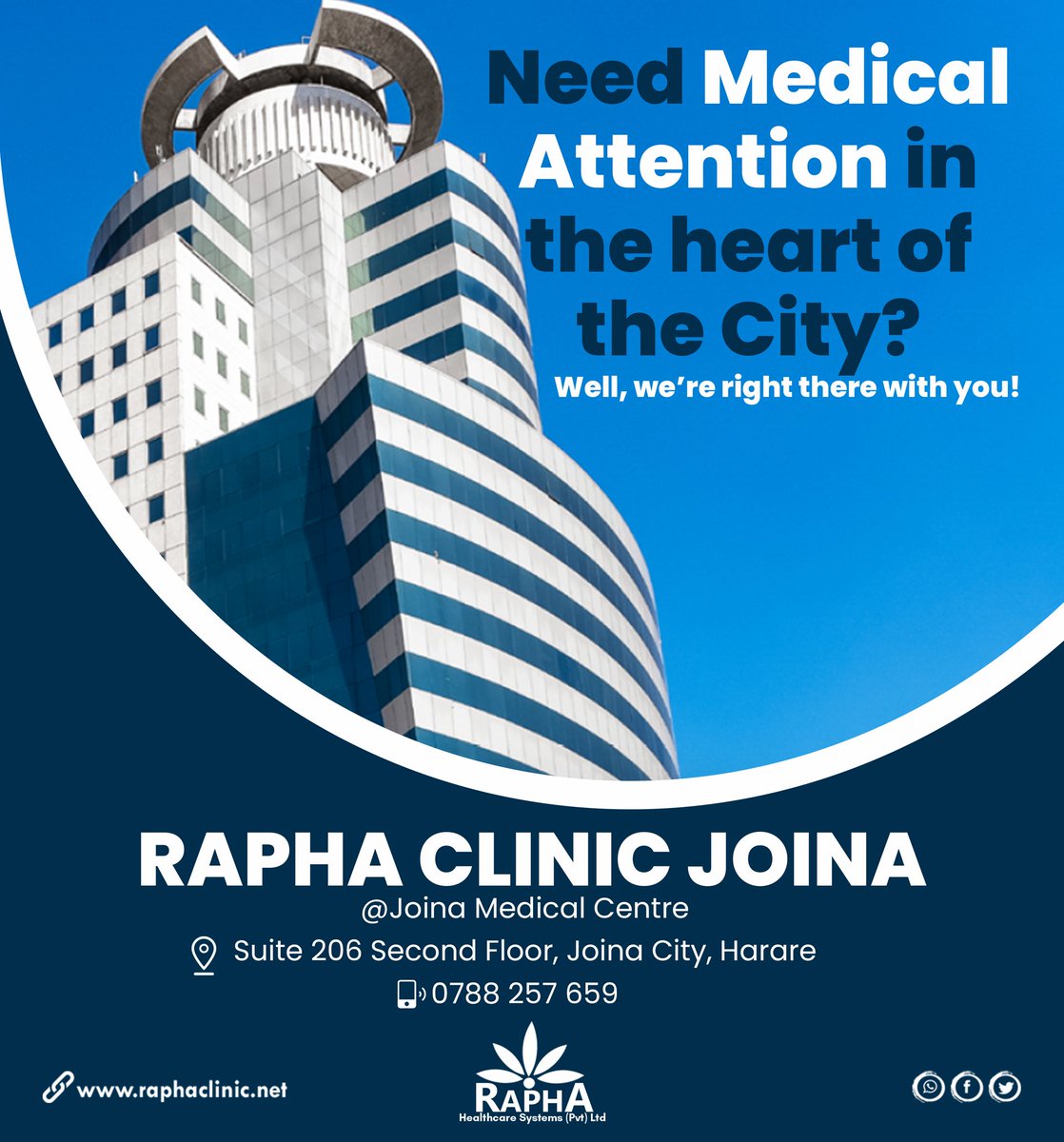 When you need Medical Services in the CBD... just walk in on us or call 0788257659

#RaphaJoina #Clinic #Healthcare #medicalservices #Healthcare #HealthCareServices #hospital  #CBD #Harare #SunshineCity #Emmergency #medicalemergency  #JoinaCity  #RaphaCares