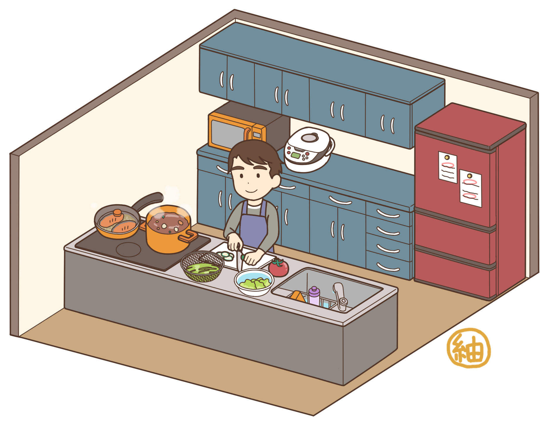 紬 イラストレーター Newイラストサンプル キッチンで料理をする男性 ご参考にしていただければ幸いです 部屋 家 男性 俯瞰 フカン 俯瞰図 青年 代 30代 生活 料理 キッチン 冷蔵庫 Ih ダイニングキッチン 電子レンジ 炊飯器