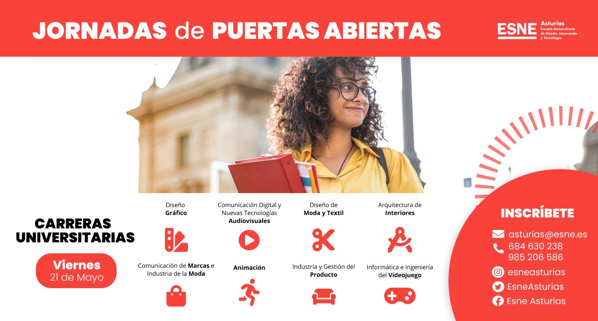 ESNE Asturias (@esneasturias) on Twitter photo Ya tenemos fecha para nuestras Jornadas de Puertas Abiertas. ¡Te esperamos el 21 de mayo!
Inscríbete en asturias@esne.es
#EsneAsturias #universidad #diseño #jornadapuertasabiertas
instagram.com/p/COaE-75FK1C/… Ya tenemos fecha para nuestras Jornadas de Puertas Abiertas. ¡Te esperamos el 21 de mayo!
Inscríbete en asturias@esne.es
#EsneAsturias #universidad #diseño #jornadapuertasabiertas
instagram.com/p/COaE-75FK1C/…