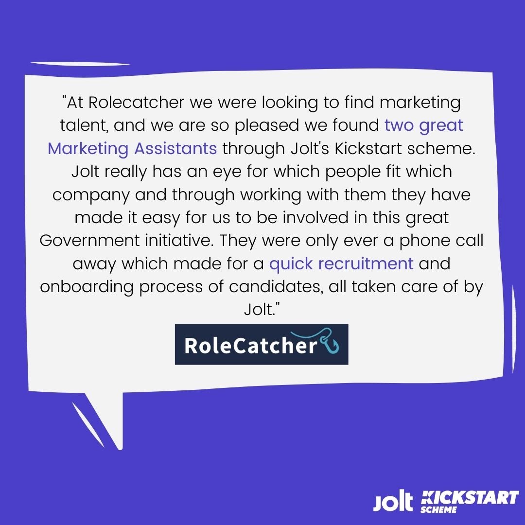 ‘Jolt really has an eye for which people fit which company’. Such kind words from our #Kickstart employer partner <a href="/rolecatcher/">RoleCatcher.com</a> Thank you!

Want to learn more about our bespoke scheme? Find out more 👉 london.jolt.io/kickstart.