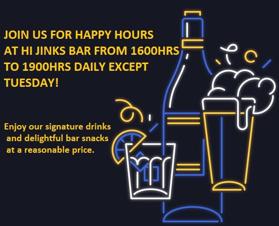 DrukHotel's tweet photo. It's time to drink till you drop! Make your way to Hi Jinks bar and indulge in our happy hours! https://t.co/rCRemJZstS