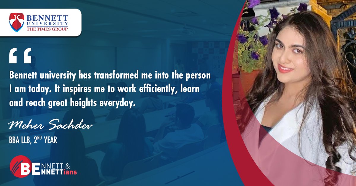 bennettuniv's tweet photo. #bennettian
Meher Sachdev (BBA LLB, 2nd-year) shares how learning at #BennettUniversity has transformed her into a driven individual with a go-getter attitude and a sound work ethic.
#LifeAtBU https://t.co/goF0KR1zzz https://t.co/NViLeeA5f6