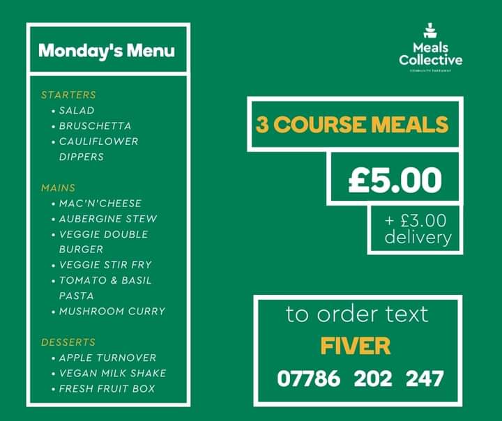 🥁 Great news from Meals Collective, your community takeaway! Our new Good Food menu is available to order for COLLECTION or DELIVERY (G1-5, G33, G40, G41)
Soon with pay what you can prices <a href="/TheFoodPhone/">The Food Phone</a>
All freshly made, all 100% Vegan 🍆🍄🥕🥔!  Everyday, different choices.