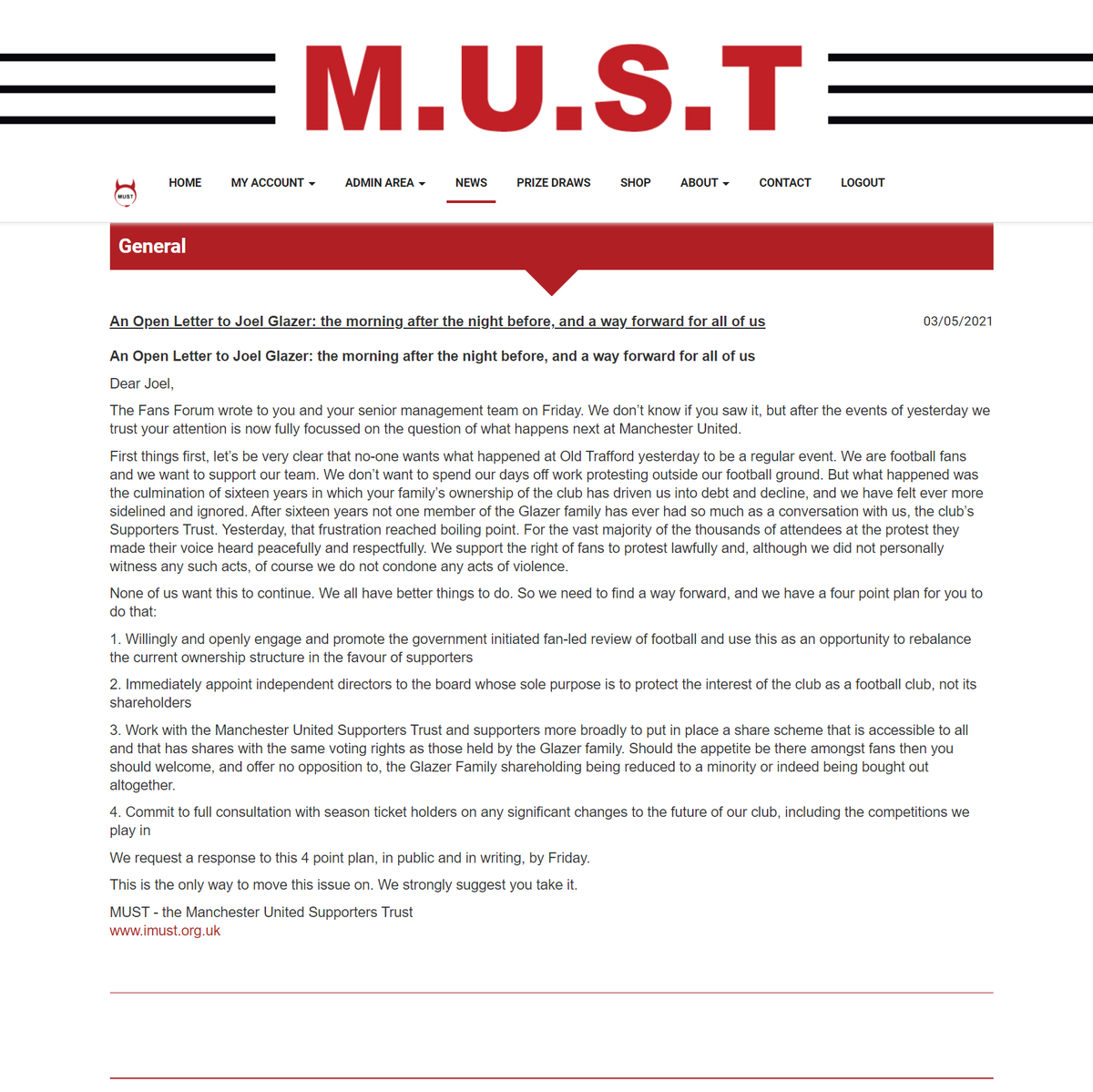 Drasdo's tweet photo. MUST - the Manchester United Supporters Trust has today published the following open letter to Joel Glazer: https://t.co/ls1X6mcM9w https://t.co/owIvKYmFLI