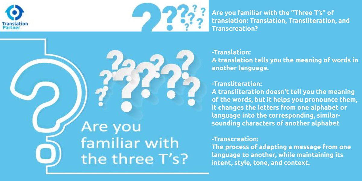 Are you familiar with the “Three T’s” of translation: Translation, Transliteration, and Transcreation?

#transcreators #transcreation #transcreationservices #transcreation_skills #translations #translating #translators #translator #translationservices #translationagencies