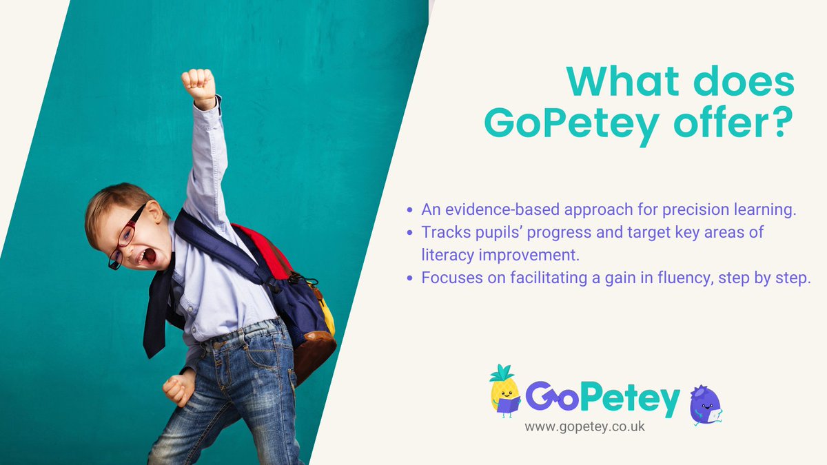 GoPetey3's tweet image. Want to learn more about #GoPetey and what we do? 🙋

🎯Offer an evidence-based approach for #PrecisionLearning.
📈Track pupils’ progress and target key areas of #literacy improvement.
✨Focus on facilitating a gain in fluency, step by step.

👉 gopetey.co.uk
