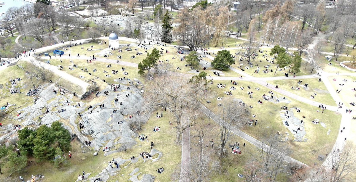 May Day (or Vappu) is the traditional day for mass picnics in #Finland. The Helsinki police dept took this aerial photo to show how it worked out, with diligent social distancing, this year. https://t.co/58cpeTzKdy