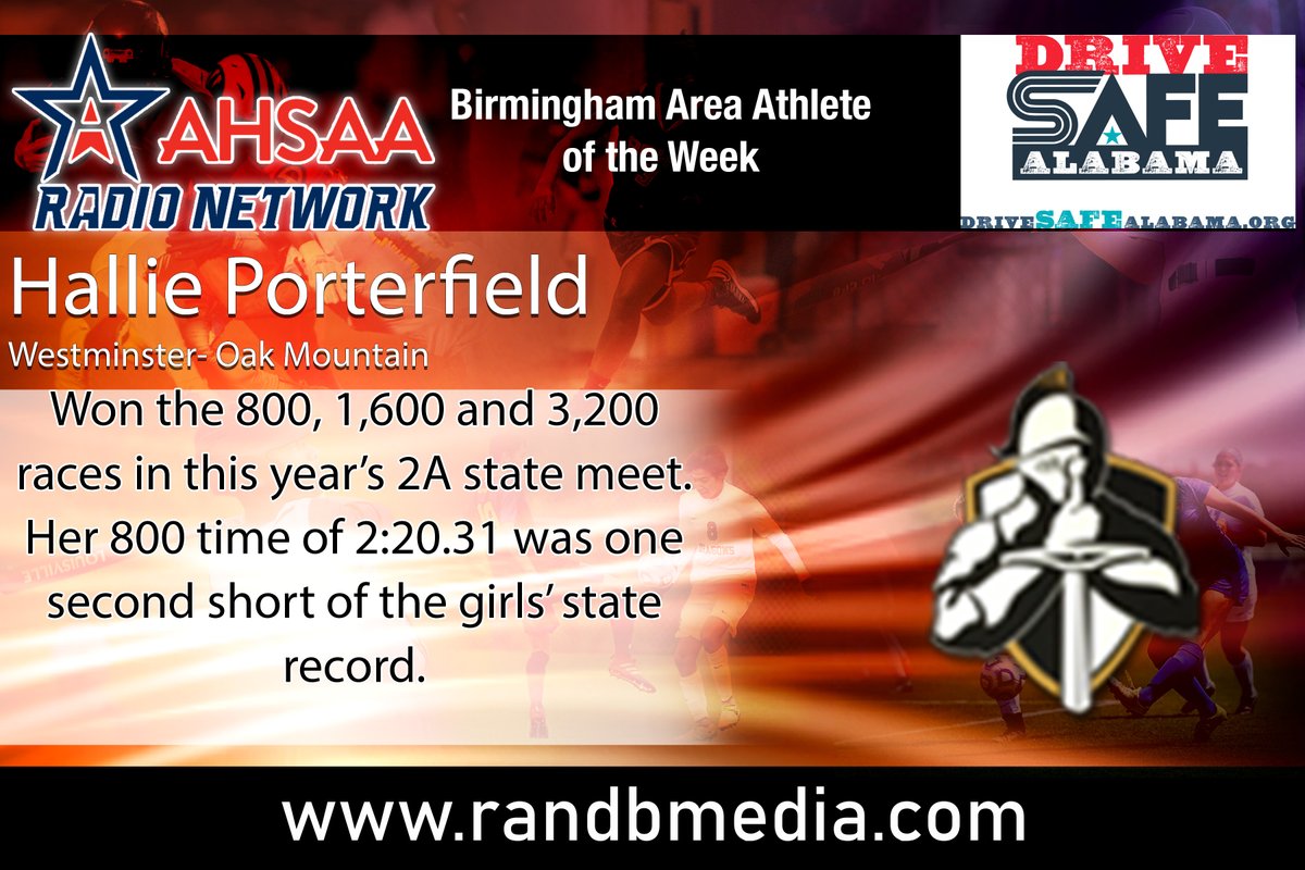 AHSAA Radio Network (@ahsaaradio) on Twitter photo Congratulations to Hallie Porterfield from The Westminster School at Oak Mountain for being named the Birmingham Area Athlete of the Week! Sponsored by <a href="/DriveSafeAL/">Drive Safe Alabama</a> Congratulations to Hallie Porterfield from The Westminster School at Oak Mountain for being named the Birmingham Area Athlete of the Week! Sponsored by <a href="/DriveSafeAL/">Drive Safe Alabama</a>