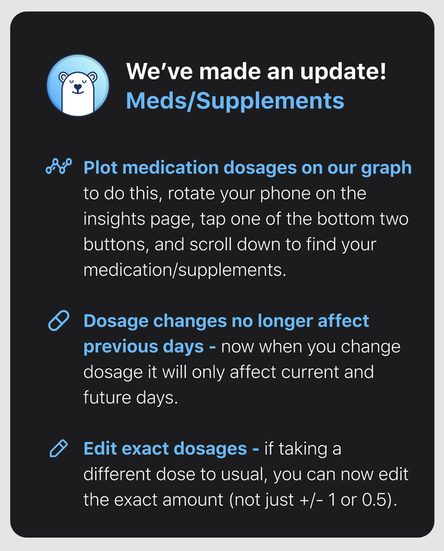 BearableApp's tweet photo. After many requests, we've made these changes to the meds section  

No more having to create a completely separate medication when you raise/lower your default dose!

#NEISvoid #ChronicLife #ChronicPain #QuantifiedSelf #BearableApp #MedicationTracker #SymptomTracker #MoodTracker https://t.co/wfMZfQsFvG