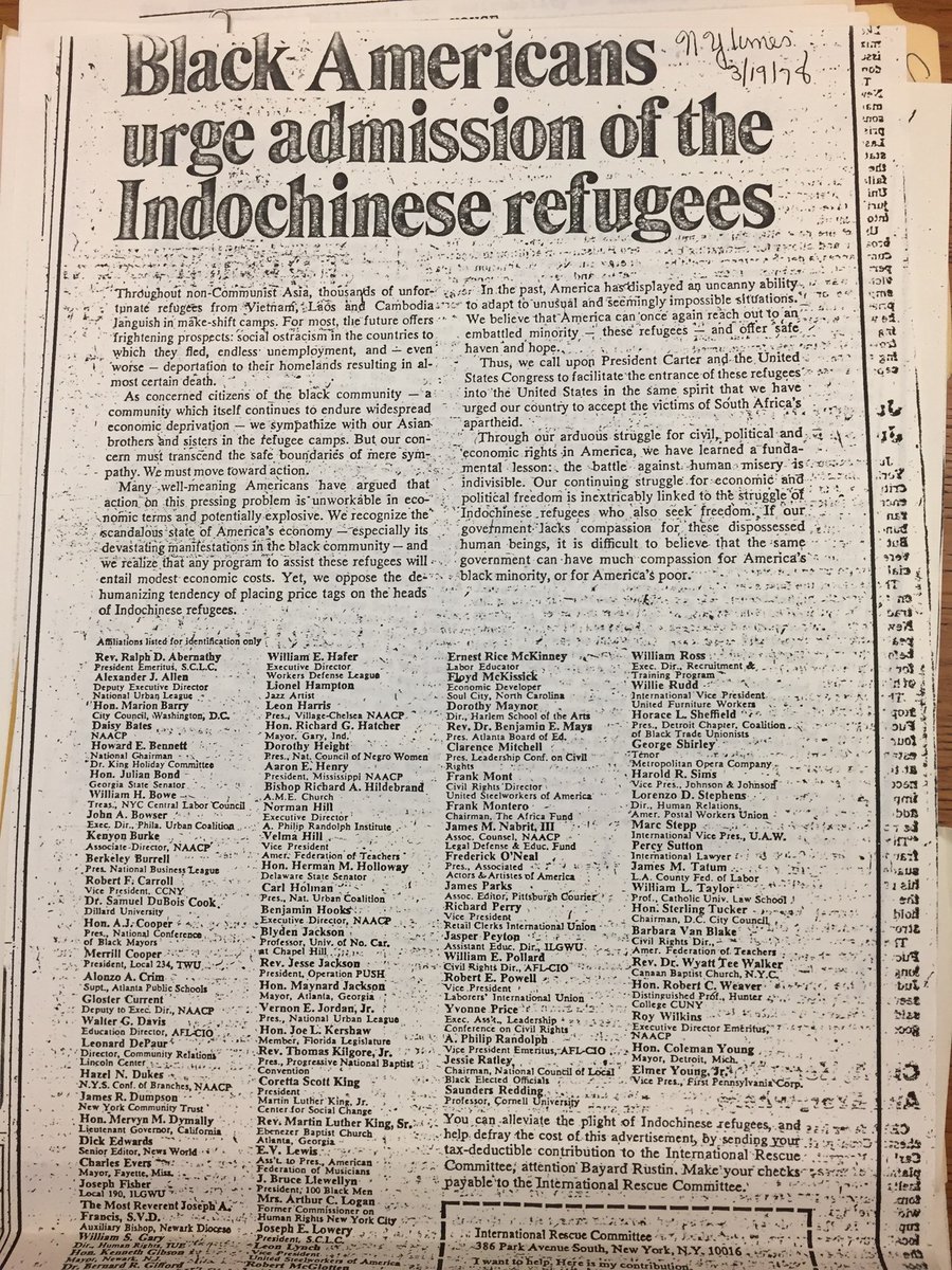 thaoworra's tweet photo. #AAPIHeritageMonth #AAPIHM Khmer scholar @SokSrai  recently reminded of us of the 3/19/78 New York Times full-page ad paid for by the International Rescue Committee written by Bayard Rustin signed by 80 Black leaders to encourage the US to admit SEAsian refugees https://t.co/5oN77xDzqk