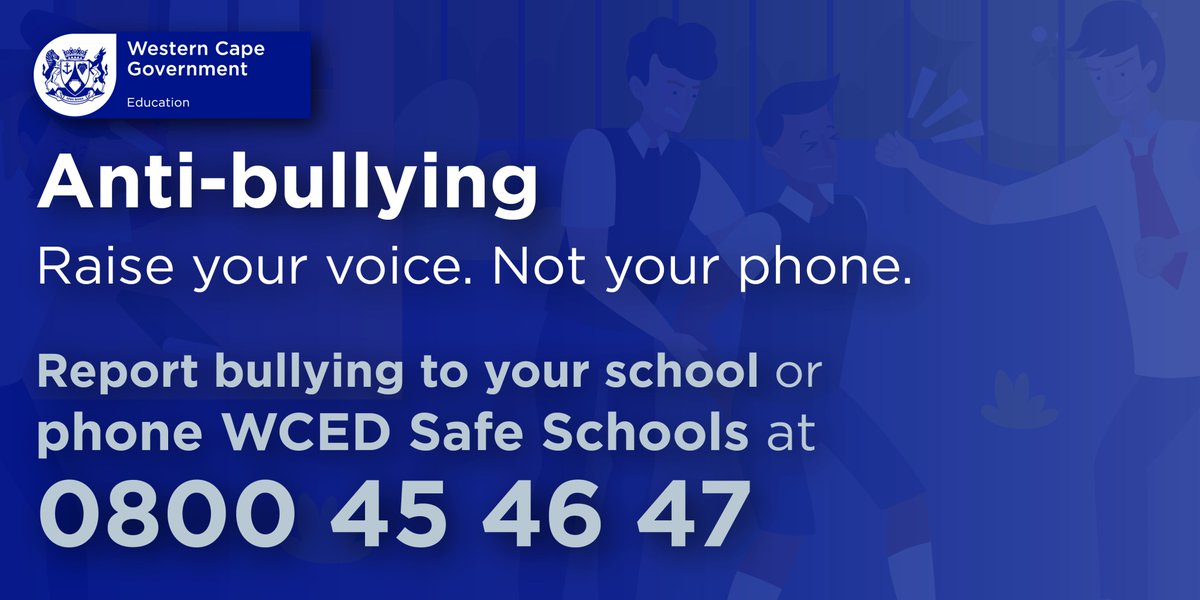 Report bullying to your school or call the WCED Safe Schools on 0800 45 46 47. Visit bit.ly/3as5QFh for more information. #AntiBulling #stopbullying