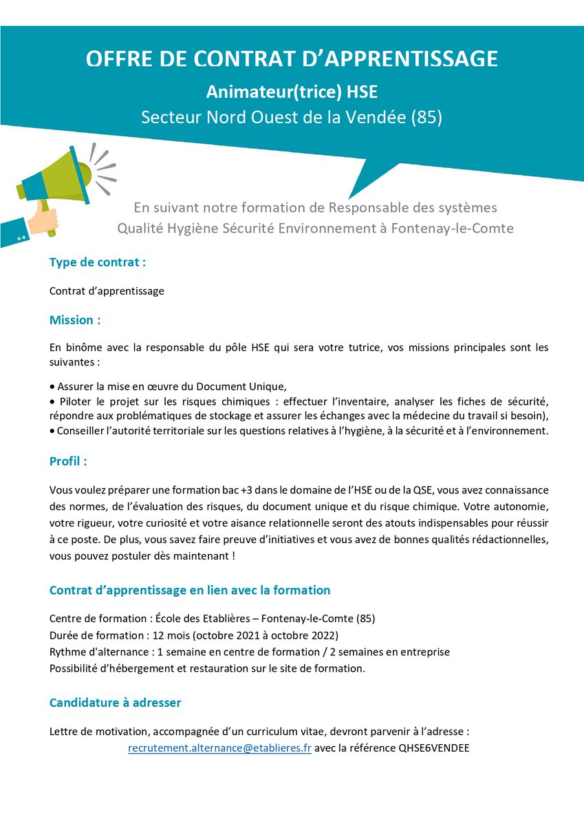 FabienVary's tweet photo. Une alternance en #QSE ?
Vous trouverez certainement ici l'offre d'#apprentissage qui vous intéresse ...

Notre formation sur : https://t.co/6hwi0yQ7Ye
Candidatures à : recrutement.alternance@etablieres.fr

@Etablieres @PatriciaGlbt85 https://t.co/I14etvJNSd